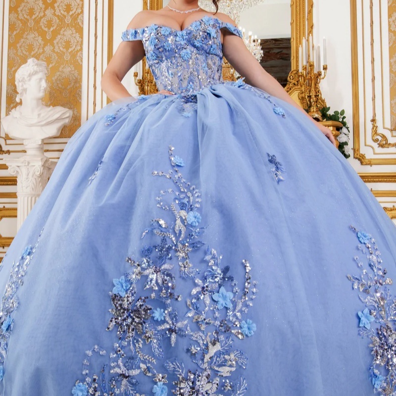 Blue Shiny Princess Quinceanera Dresses Off Shoulder Sequin Applique Lace Beads Tull Sweet 16 Dress Ball Gown Vestidos 15 Anos