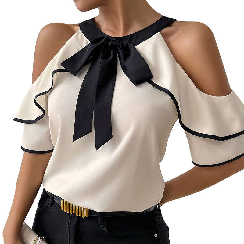 Rui Chuo Cross-Border Women's Fashion 2025 Summer European and American Style Double-Layer Short Sleeve with Bow Collar Pullover Shirt