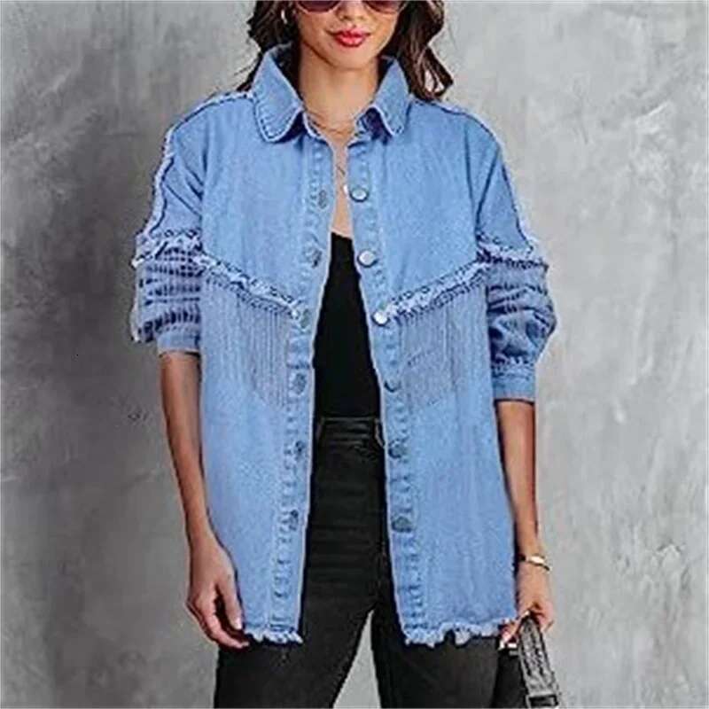 Fashion Chain Splicing Decoration Jacket Women Vintage Tassel Denim Coat Female Single-Breasted Cardigan Casual Loose Outerwear