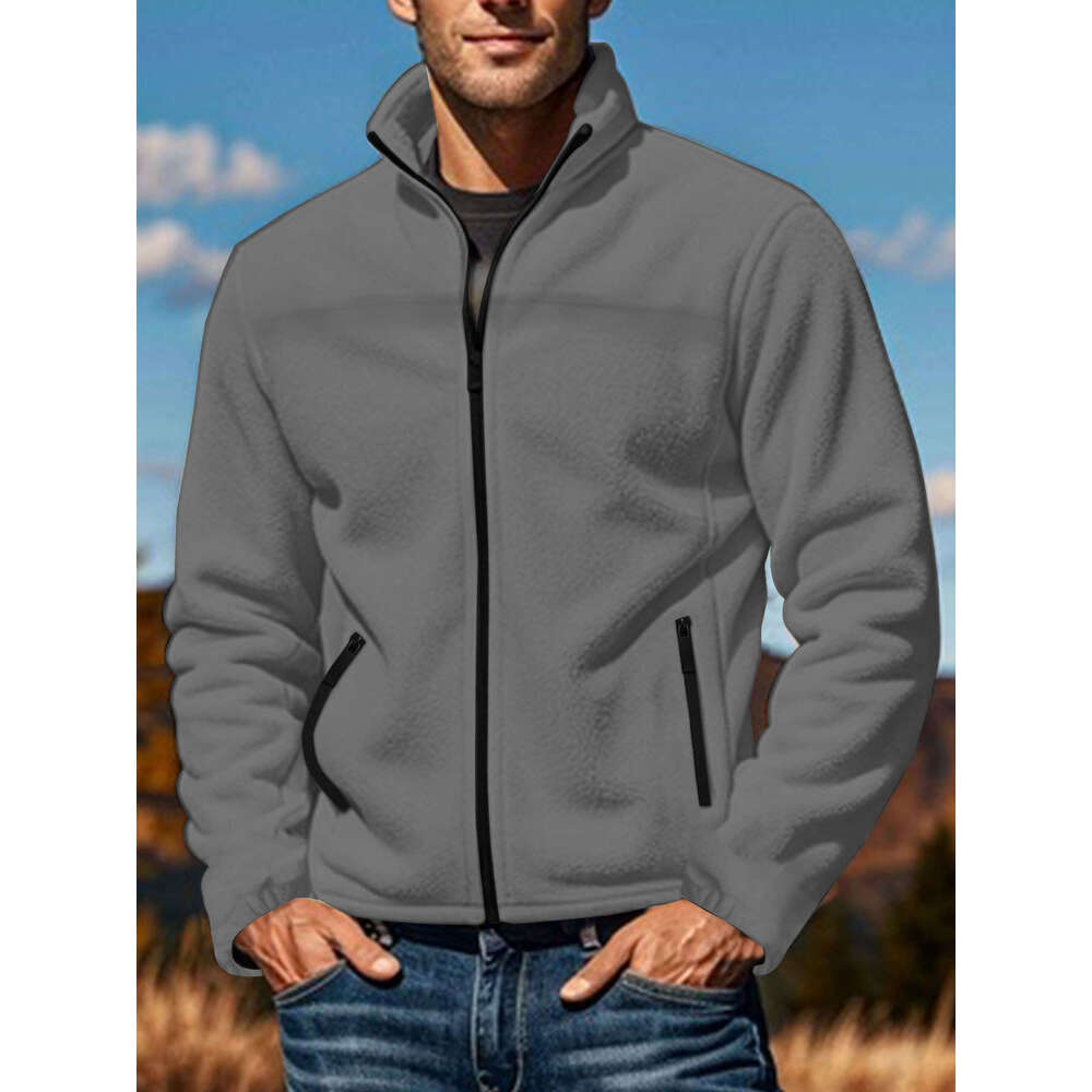 2025 TEMU New European and American Men's Polar Fleece Spring Autumn Winter Outdoor Zipper Stand Collar Jacket Top