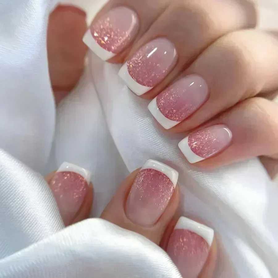 24pcs Medium Short Square Fake Nail Sparkling Nail Art White Wearable Fake Nail Silver French Full Cover Pressing Nail Tip W250410