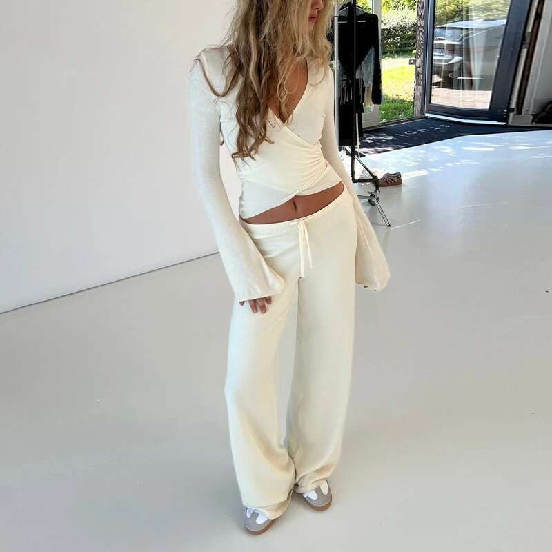 Women Fashion Lounge Set Vintage 2 Piece Outfit V Neck Tie T-Shirt + Elastic Waist Pants Autumn Long Sleeve Crop Tops