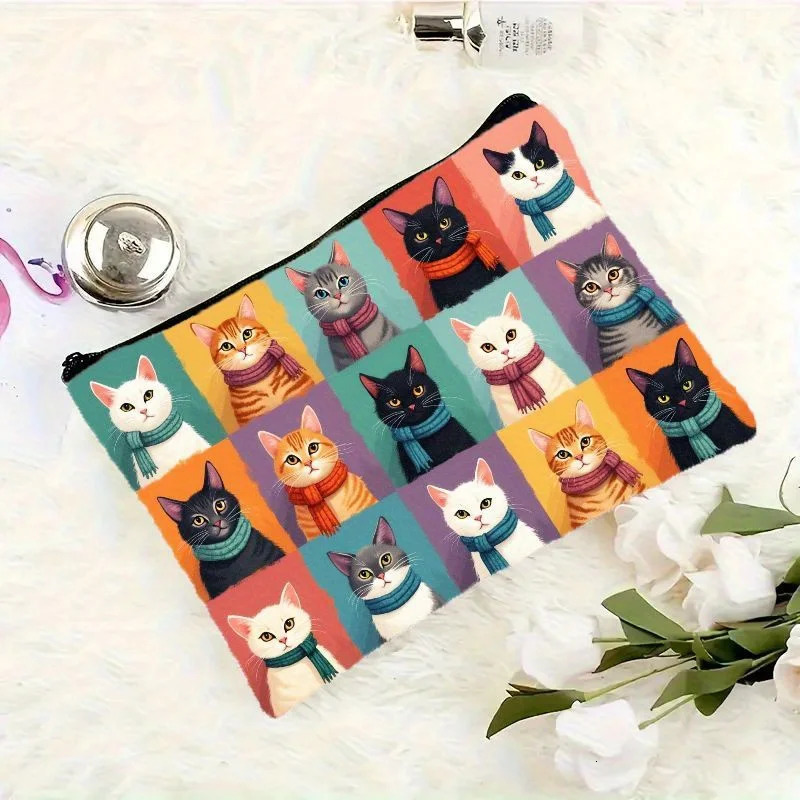 Cute Cat Print Makeup Bag Zipper Clre Foldable Cosmetic Organizer Travel Toiletry Pouch Women Men Gift for Lovers 251110