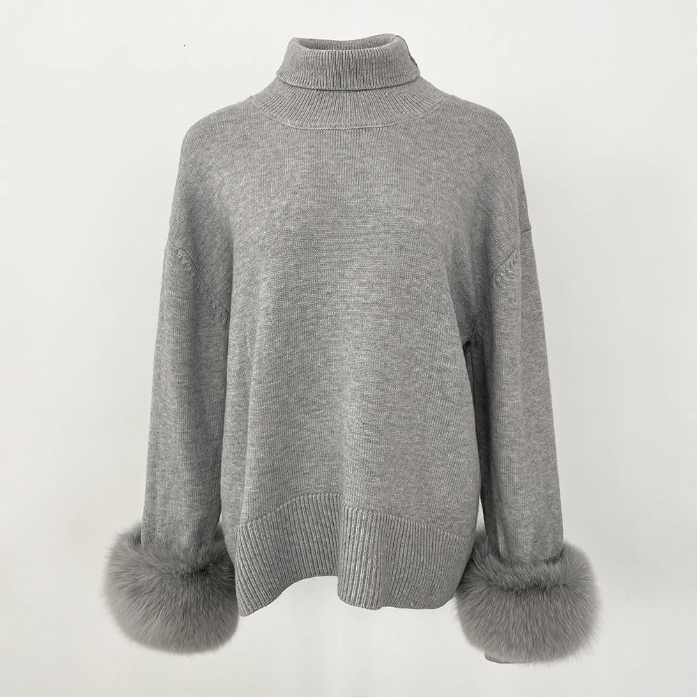 Autumn Winter Standup Collar Sweater Cuff Spliced Natural Fox Fur Sleeves Women Loose Knitted Genuine Real 251110