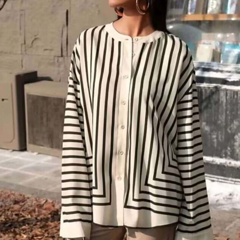 Rui Chuo Cross-Border Amazon Foreign Trade European and American Long Sleeve 2025 Autumn New Striped Loose Cardigan Shirt for Women