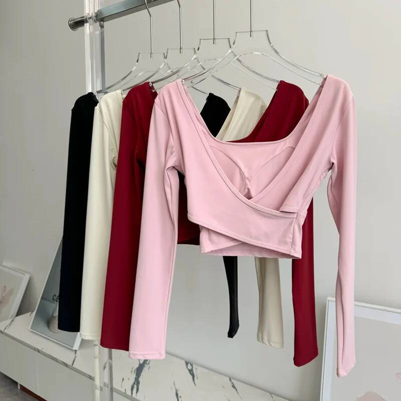 Women's Fitness Yoga Suit Back Cross Sports Top with Chest Cushion Long Sleeved T-Shirt for Running