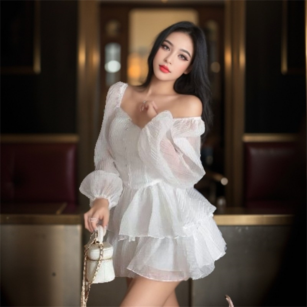 Women's clothing early autumn new product fashion first love solid color bubble sleeves slim fit chiffon dress French cake skirt