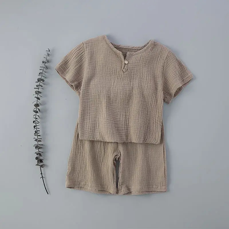 Summer childrens clothing set 0-7Y boy and girl cotton linen plain weave set T-shirt topshorts 2 pieces baby terrace clothing 250409