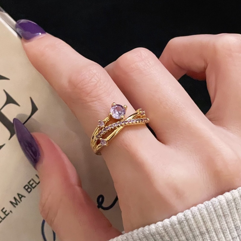 Designer Ring Gold Light Fashion Ring Luxury High-end Niche Accessories For Women New Nine Purple Fire Color Gemstone Zircon Vintage Brushed Open Ring