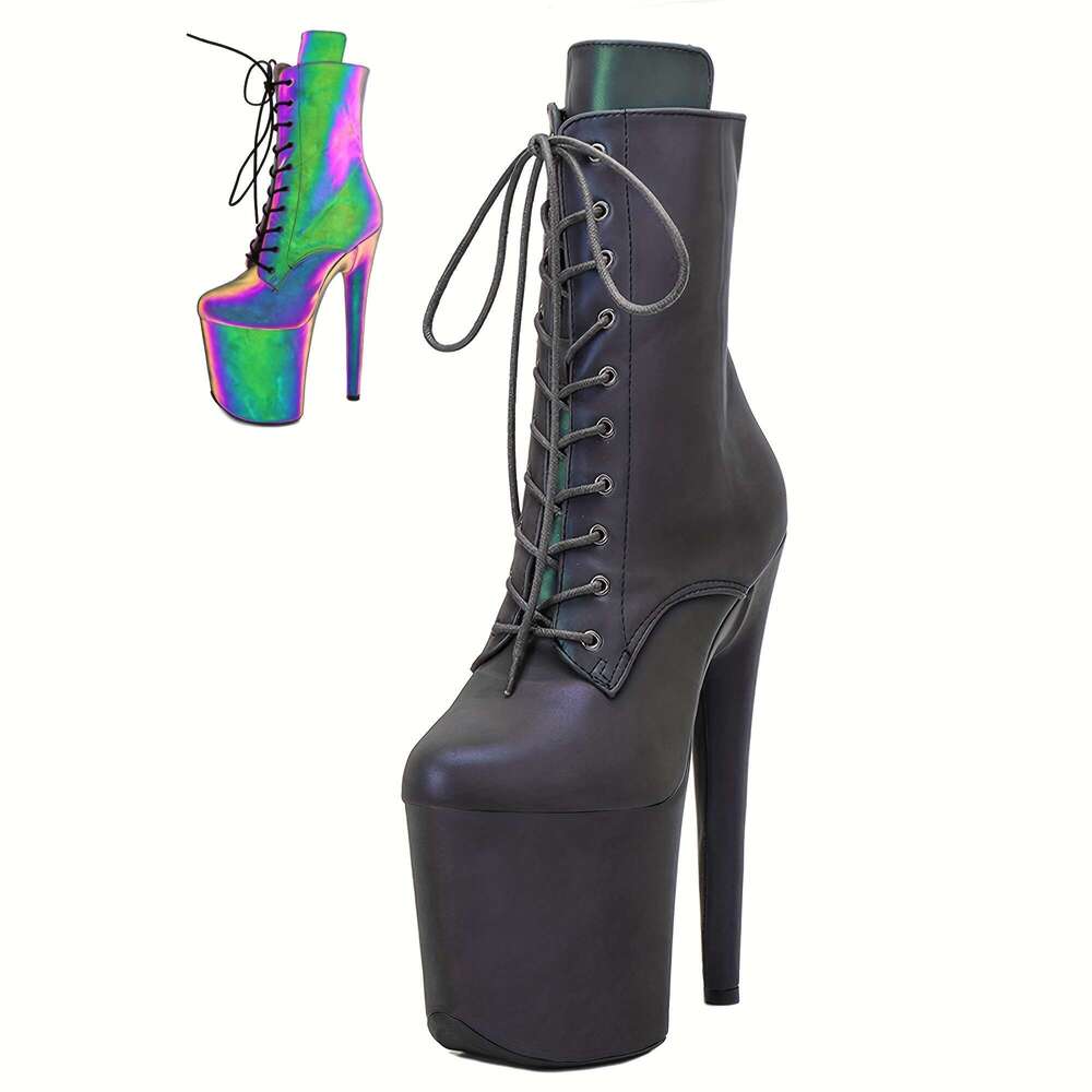 EXOHEELS Women's 8" 20Cm Iridescent Rainbow Glossy Pole - Full-Zip Ankle Strap Stiletto PU Cover Round-Toe For Stage, Nightclub, Party & All