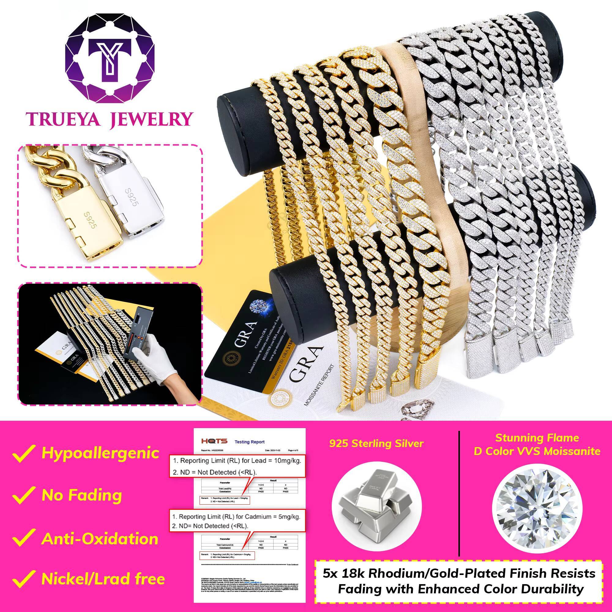 In Stock Wholesale Hiphop Jewelry 8 10 12 14 18 20 mm 925 Silver Iced Out Vvs Moissanite Miami Cuban Link Chain Necklace for Men