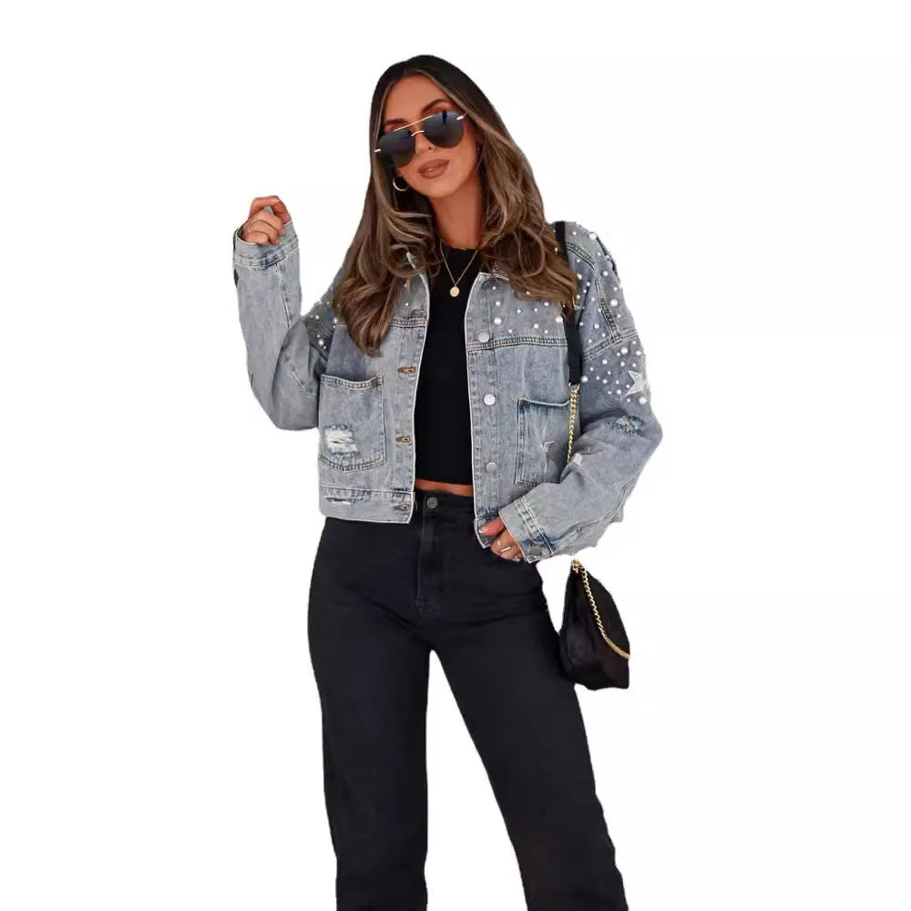 Womens bead star printed short denim jacket long sleeved single chest button fashionable sexy jacket 250409