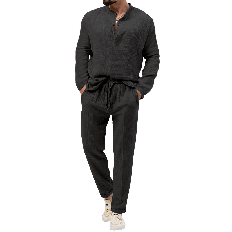 Cross 2024 Spring and Autumn Mens Solid Color Casual T-shirt Long Sleeve Shirt Long Pants Set