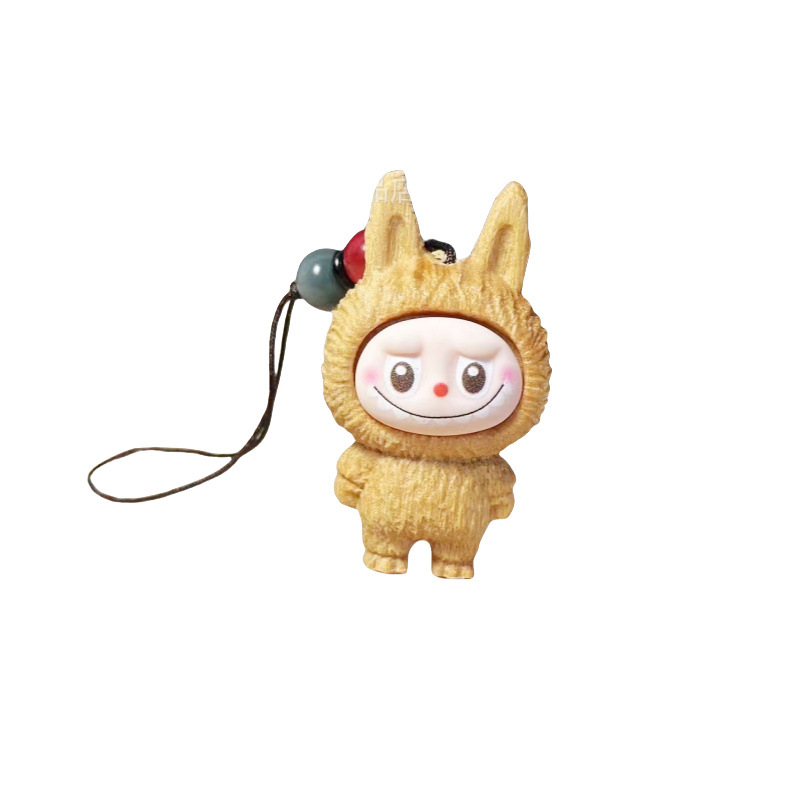 Designer 5-Piece Labubu Wood Carving Pendants - Handmade Solid Wood Carvings, Creative Car Hanging Ornaments key ring