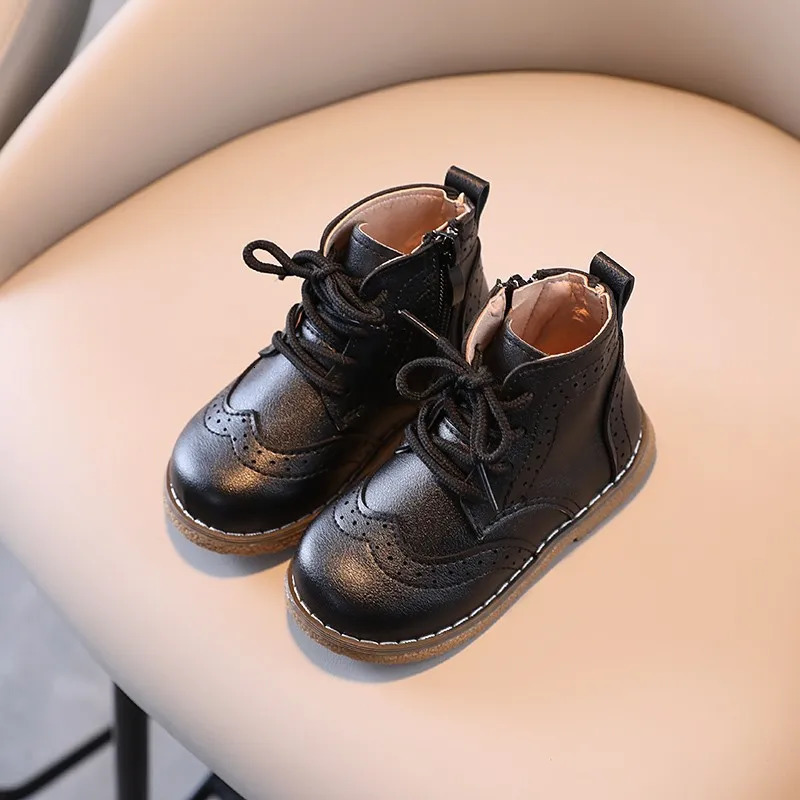 Children Boots British Style Fretwork Pu Leather Brown Black Boys Girls Short Boot 21-30 Toddler Zipper Solid Color Kids Shoes 251104