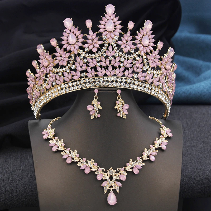 High Opal Pink Tiaras and necklace earrings Bridal Jewelry Sets for Women Brides Wedding Crown Prom Birthday Costume Accessories 250409