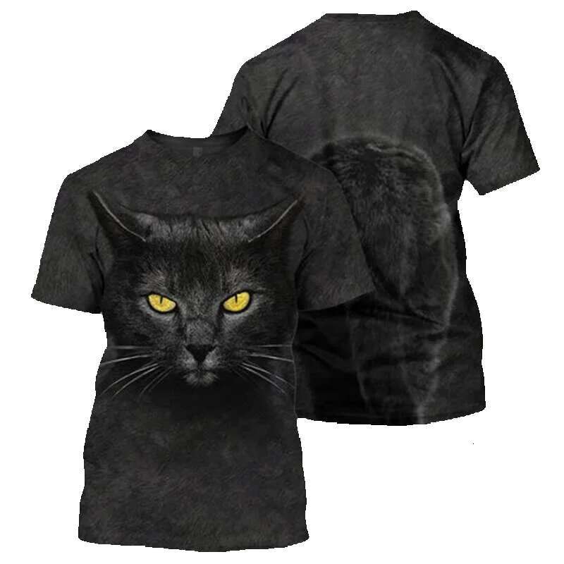 Men's short sleeved round neck T-shirt, unisex casual clothing, 3D black cat pattern print