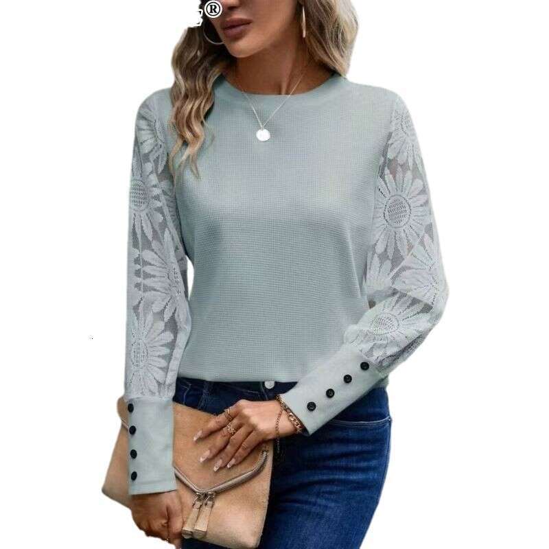 2024 Autumn Hot-Selling European and American Foreign Trade Amazon Solid Color Long Sleeve Embroidered Lace Patchwork Waffle Round Neck Top