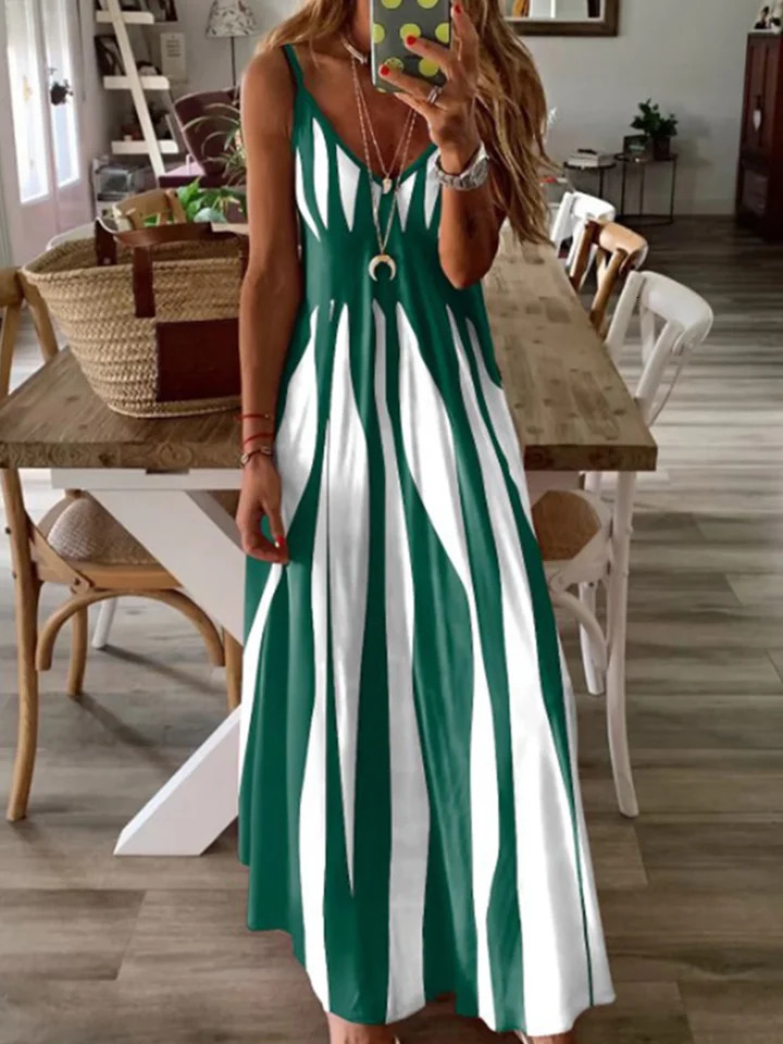 Sexy sleeveless womens black and white striped printed long dress summer casual vacation party dress long robe 250409