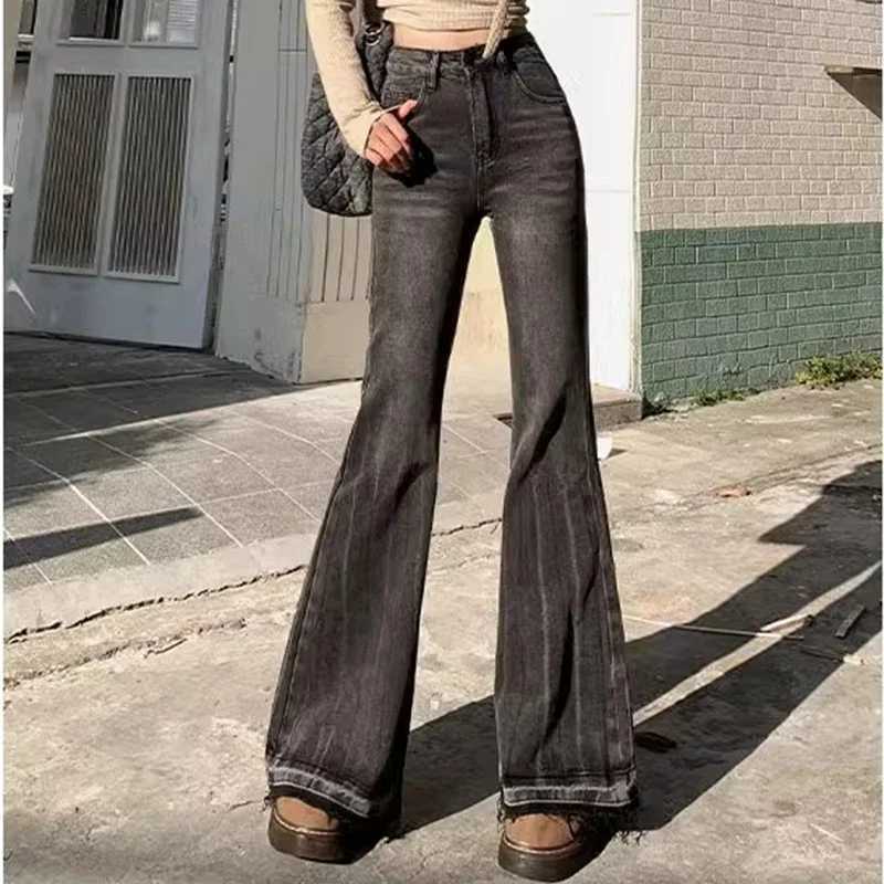 Woman High Waist Vintage Casual Flare Jeans Girls Elastic Slim Fit Bell Bottom Pants Lady Fashion Blue Black Grey Denim Trousers C251110