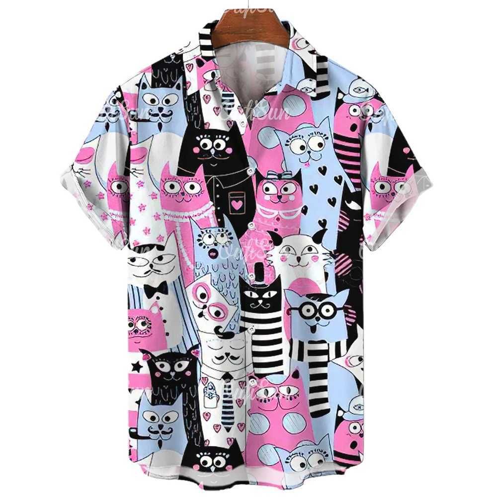 3D lapel Hawaiian mens casual short sleeved anime shirt mens summer mens street retro animal cat X250410