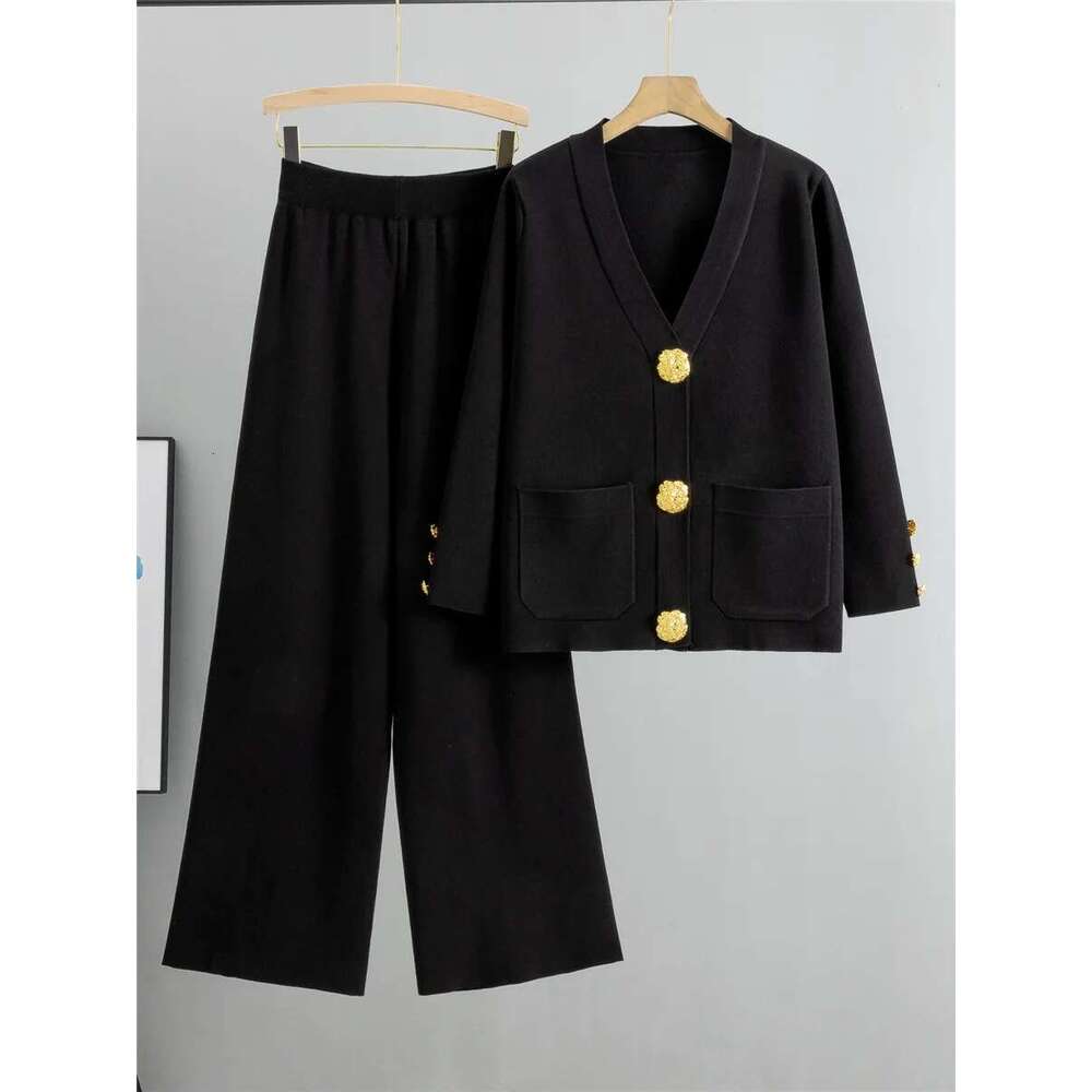 Fall Winter Women's Knit Sweater Sets Large Gold Button V-Neck Cardigan Coats Conjunto High Waist Baggy 95Cm Wide Leg Pants Suit