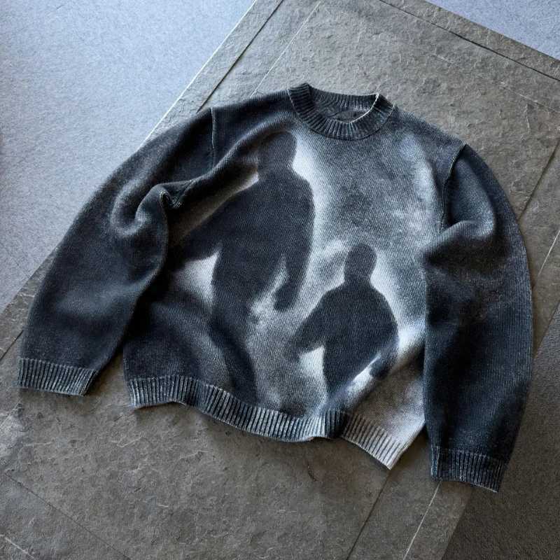 Fashion Gradient Abstract Artistic Portrait Pattern Loose Knit Pullover European High Street Punk Gothic Round Neck Long Sleeve Sweater Y251110