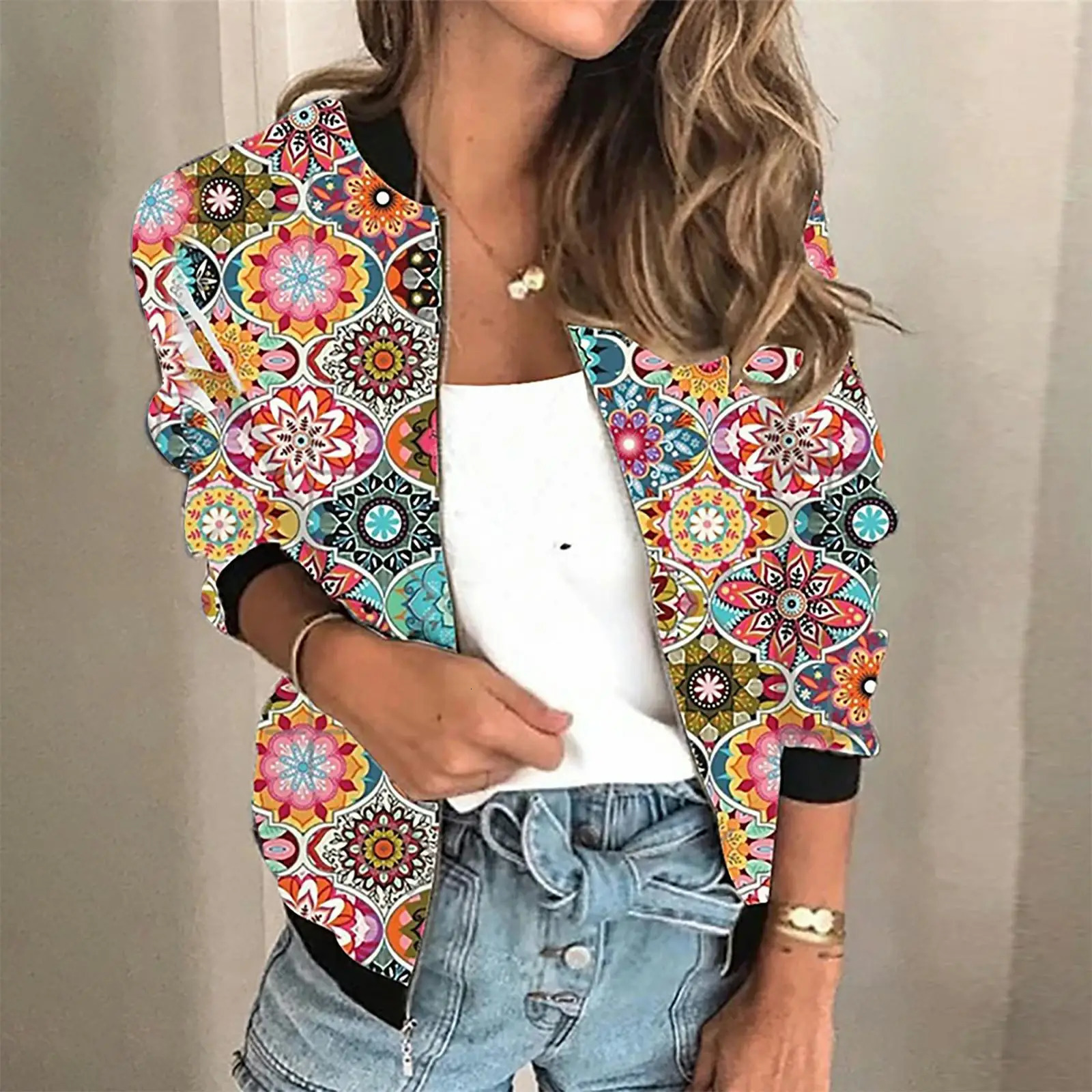 Winter Spring Womens Long Sleeve Coat Top Retro Casual Digital Printing Zipper Short Jacket 250407