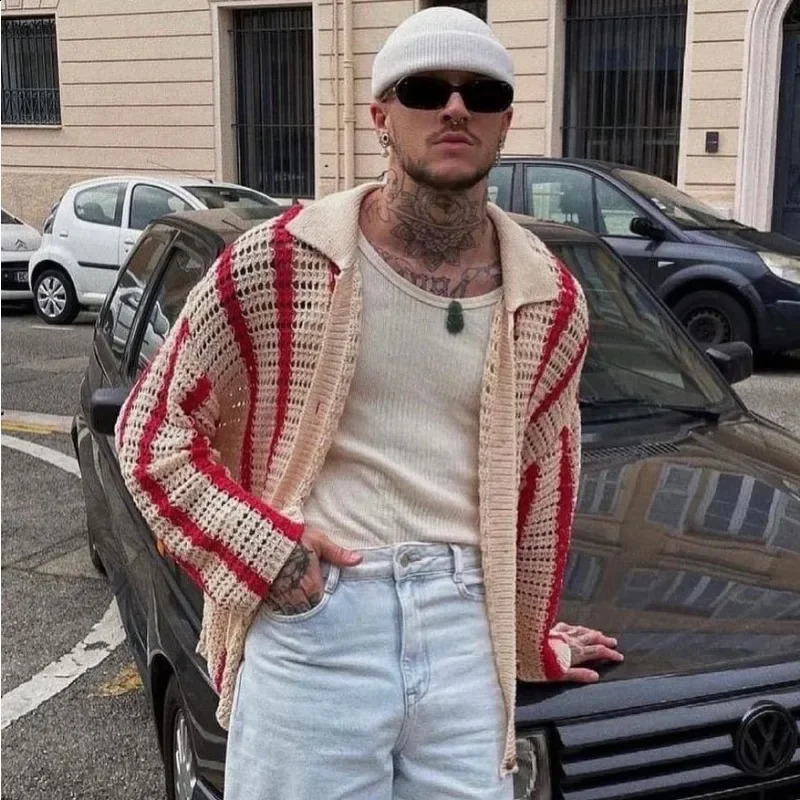 Sweater Mens Coat All-Matching Short Sleeve Y2K Patchwork Knitting Sweaters Tops Summer Cardigan Lapel Sweater Shirt 250407