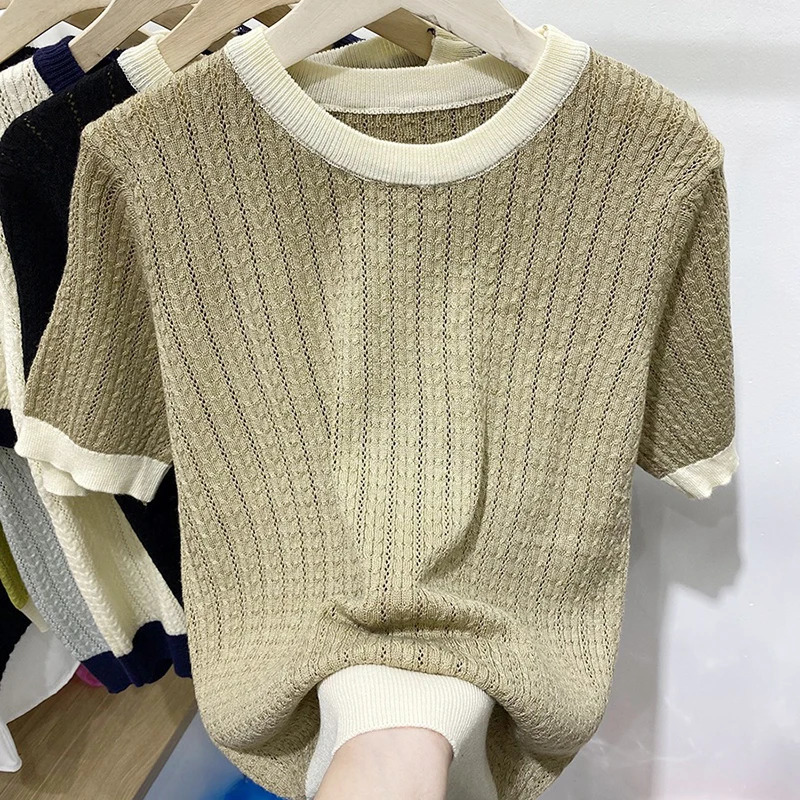 Korean fashion clothing summer thin hollow T-shirt womens knitted top womens casual T-shirt short sleeved T-shirt 250410