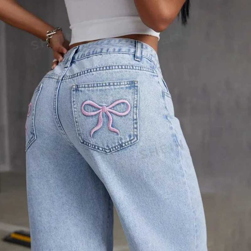 Fashion Retro Bow Embroidered Jeans WomenS Straight Leg Slim Fit Jeans Pants Baggy Y2k Jeans C251110