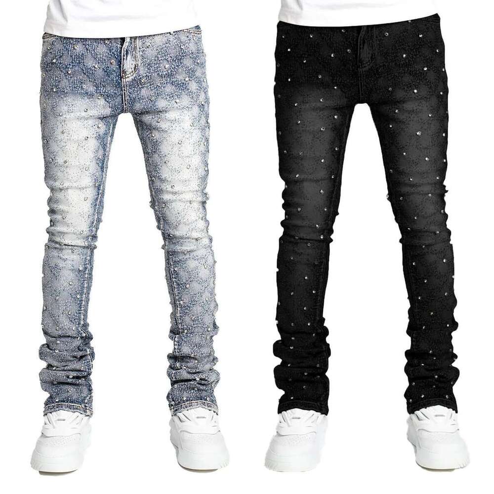 Stretchy Pearls Skinny Jeans For Men 2024 New Fashion Rhie European Street Personality Stacked Denim Pants