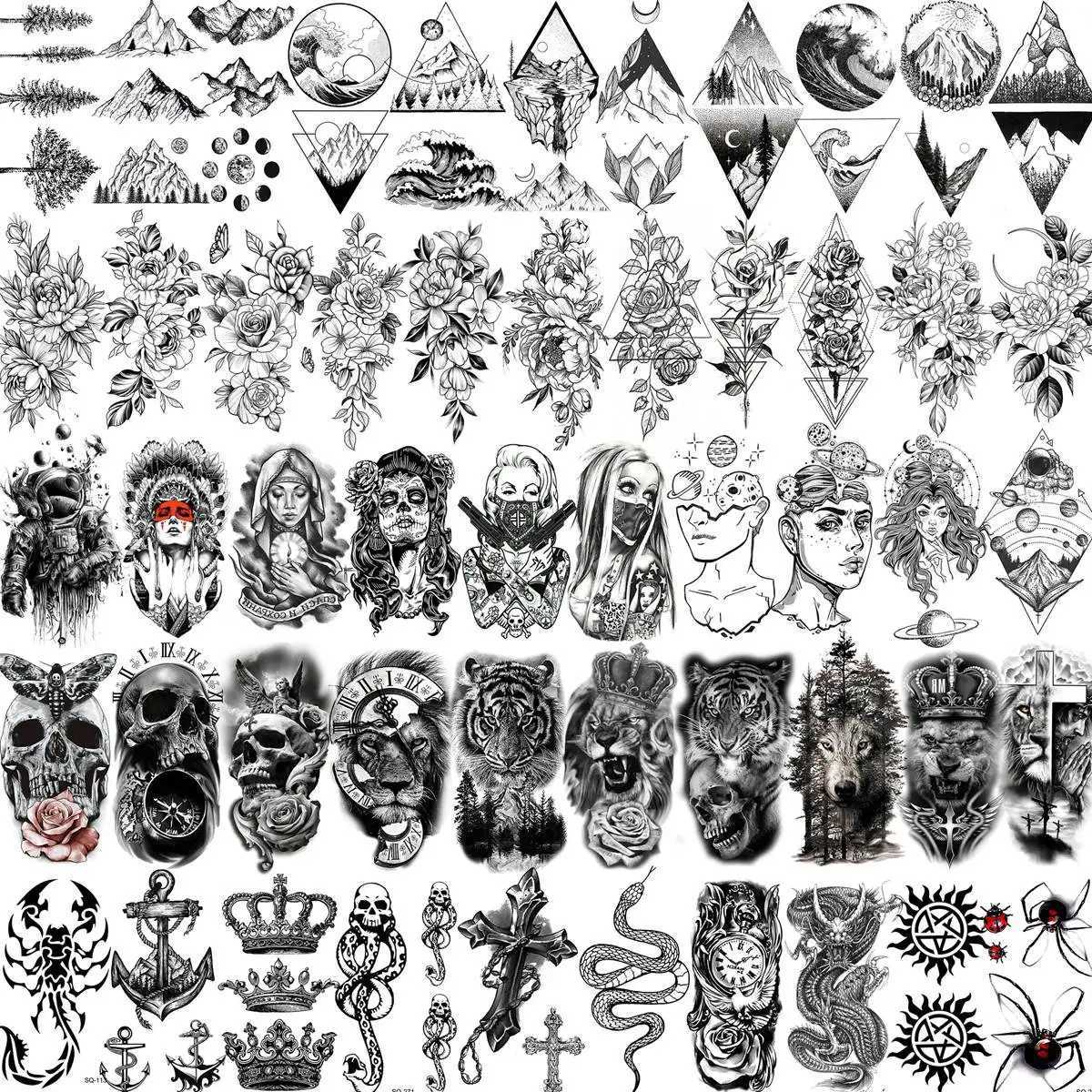 52 black skull temporary tattoos suitable for womens arm and neck tattoos stickers fake small flower mountain snakes animal 3D tattoos W250410