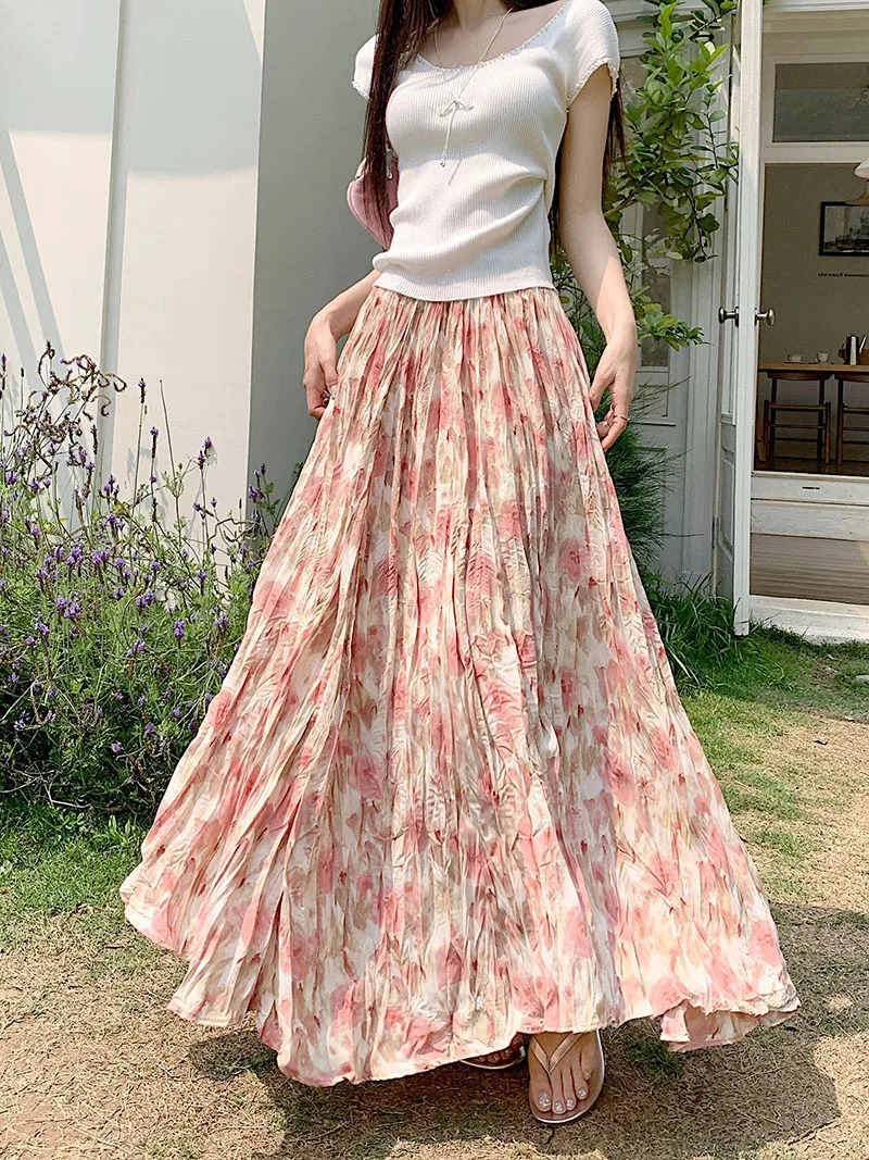 Spring pleated printed skiing womens Korean fashion holiday long festival elegant high waisted slim fairy skirt 250410