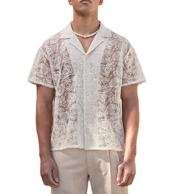 Casual dress hollow lace mens shirt mens summer casual fashion trend mens top X250410