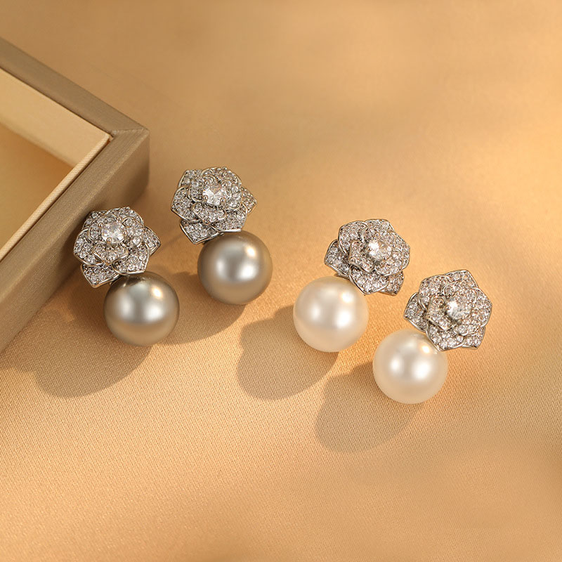 Dainty Crystal Camellia Flower Earrings for Women 18K White Gold Plated Copper Freshwater Ball Pearl Stud Earrings Luxury Design Love Couple Earrings 