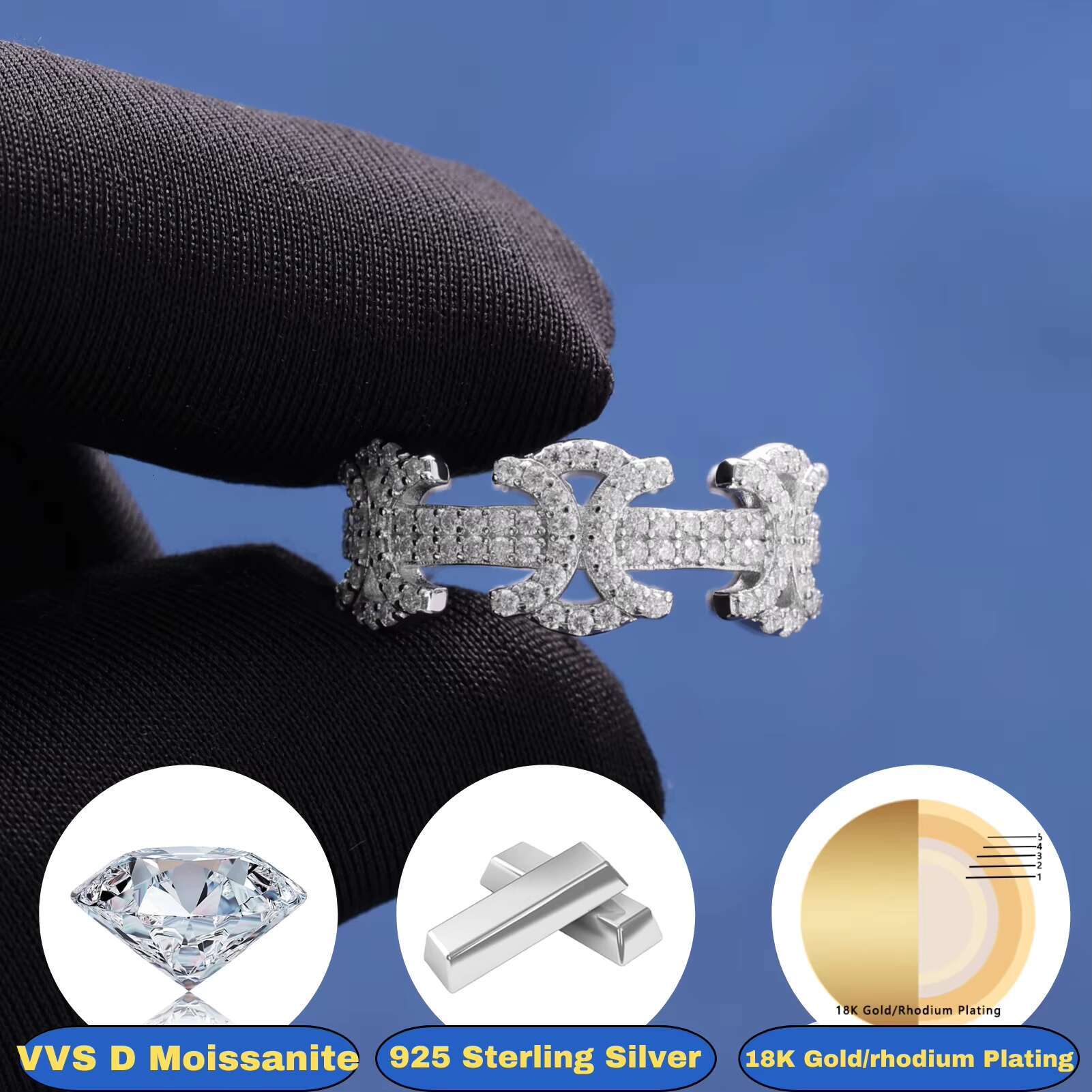 925 Sterling Silver Luxury Trendy Shiny Iced CZ Hollowed Ring Hip Hop Fashion Full Cubic Zircon Engagement Wedding Party Gift