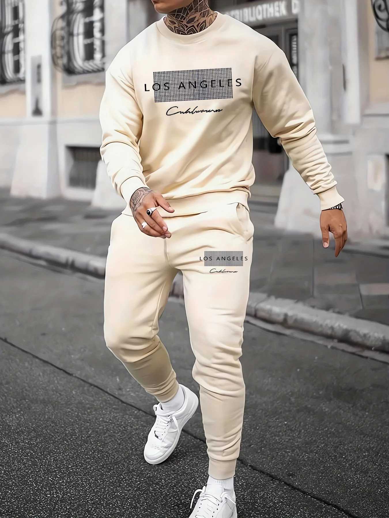 Mens autumn and winter casual warm Los Angeles pattern printed loose and thick velvet round neck sweatshirtsports pants set W251110