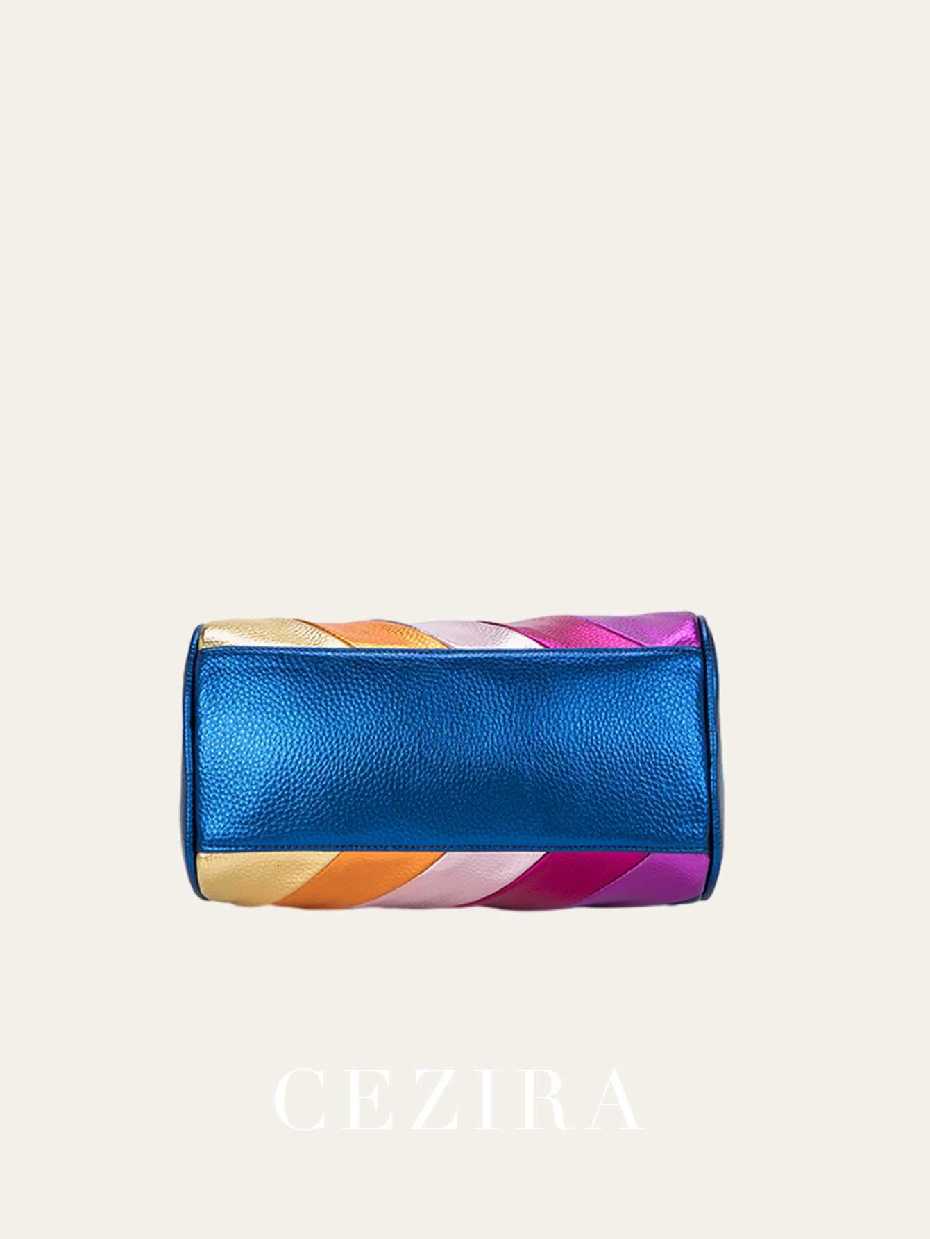 CEZIRA Luxury Metallic PU Vegan Leather Boston Bag Women Fashion Colorful Stripes Patchwork Top-handle Purse Crossbody Handbags K251110