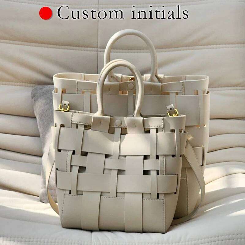 Custom Initials Genuine Leather Tote Bags For Women Luxury Designer Handbags Purses 2025 New In Cowhide Braided Hollow Shoulder