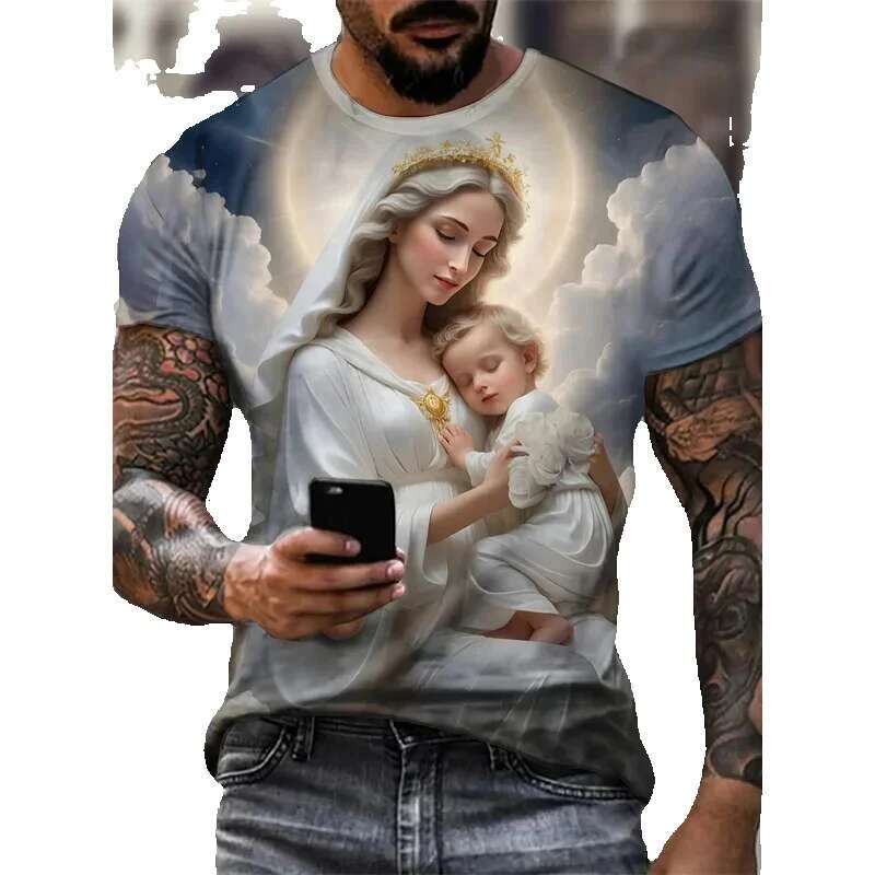 Men's printed short sleeved T-shirt, round neck, quick drying, casual, sporty, plus size, comfortable, summer fashion, Jesus Saint Mary's