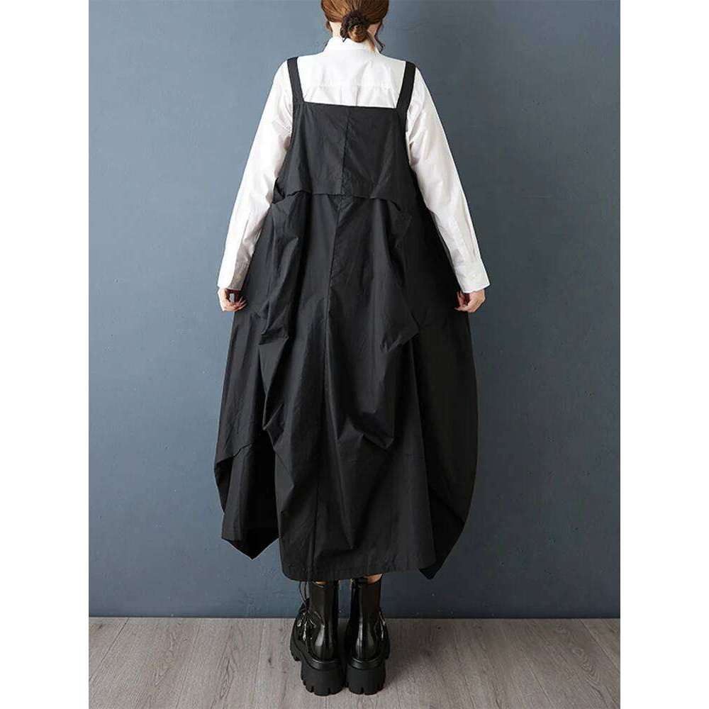 2025 Spring Autumn New Black Vintage Straps Dresses For Women Sleeveless Pleated Loose Casual Dress Robe Elegant Fashion Clothes