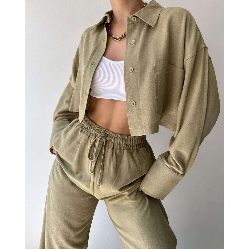 2024 European and American New Solid Color Long Sleeve Short Casual Shirt Drawstring Pants Set