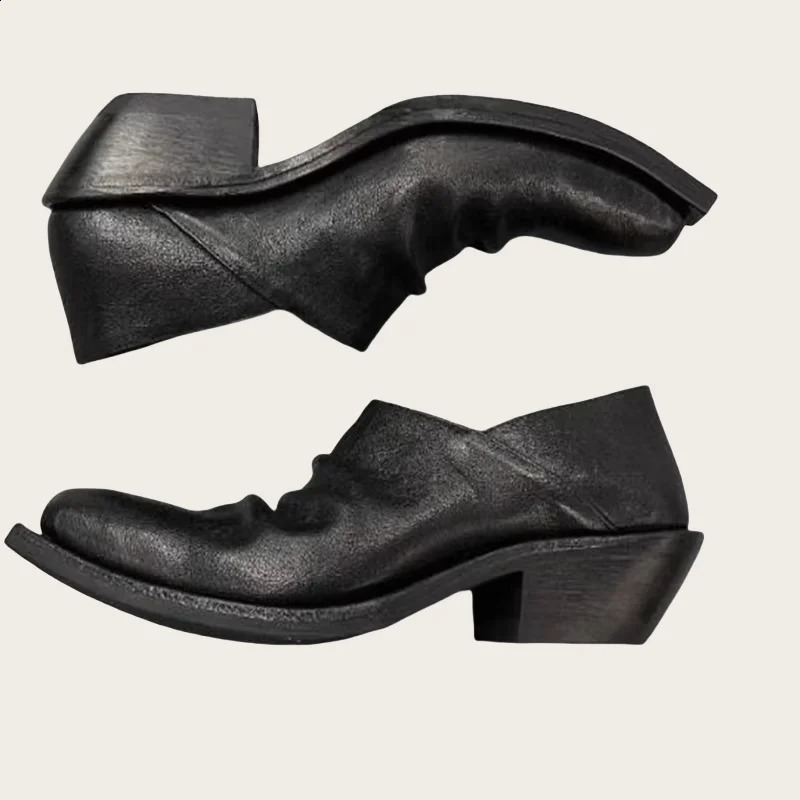 Pleated Shoes for Mens Pointed Toes Chunky High Heels Male Loafers Sewing Lines Chassure Hommes Shallow Tacones Solid Zapatos 251106