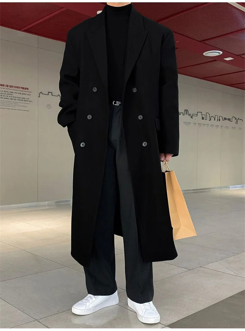 Winter woolen coat mens long style with cotton over the knee woolen windbreaker thickened coat Korean version loose fit 251103