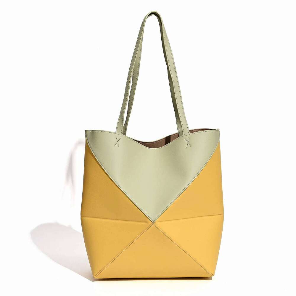 Cowhide Geometric Folding Tote New Niche Design Genuine Leather Large Capacity Handbag Color Block Women's Shoulder Bag St251110