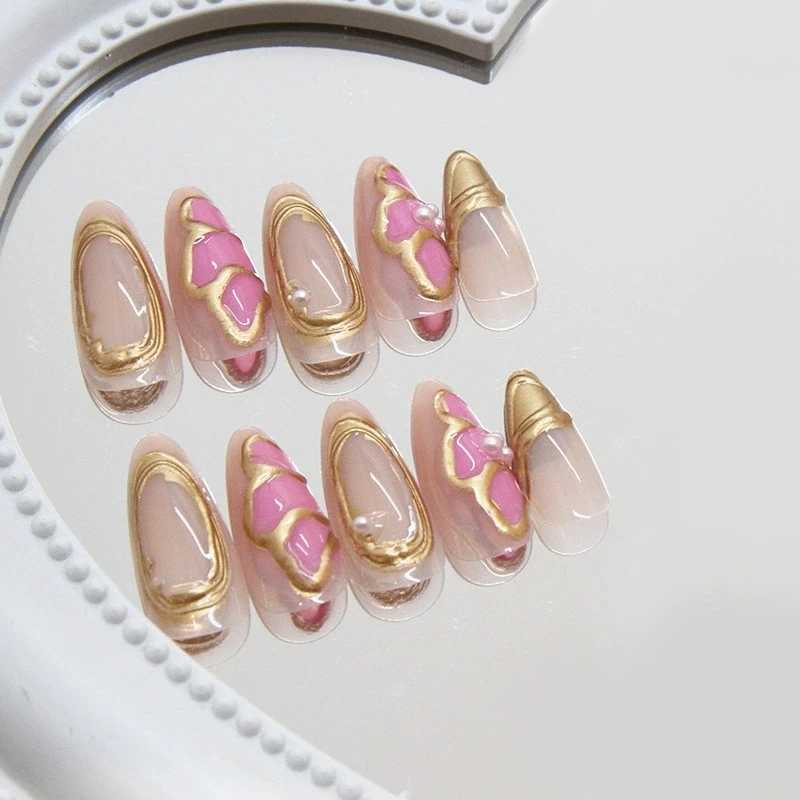 Design wearable fake nails simple manual pressing of nail tips art 24 pieces pink almond fake nails French butterfly ballet W250410