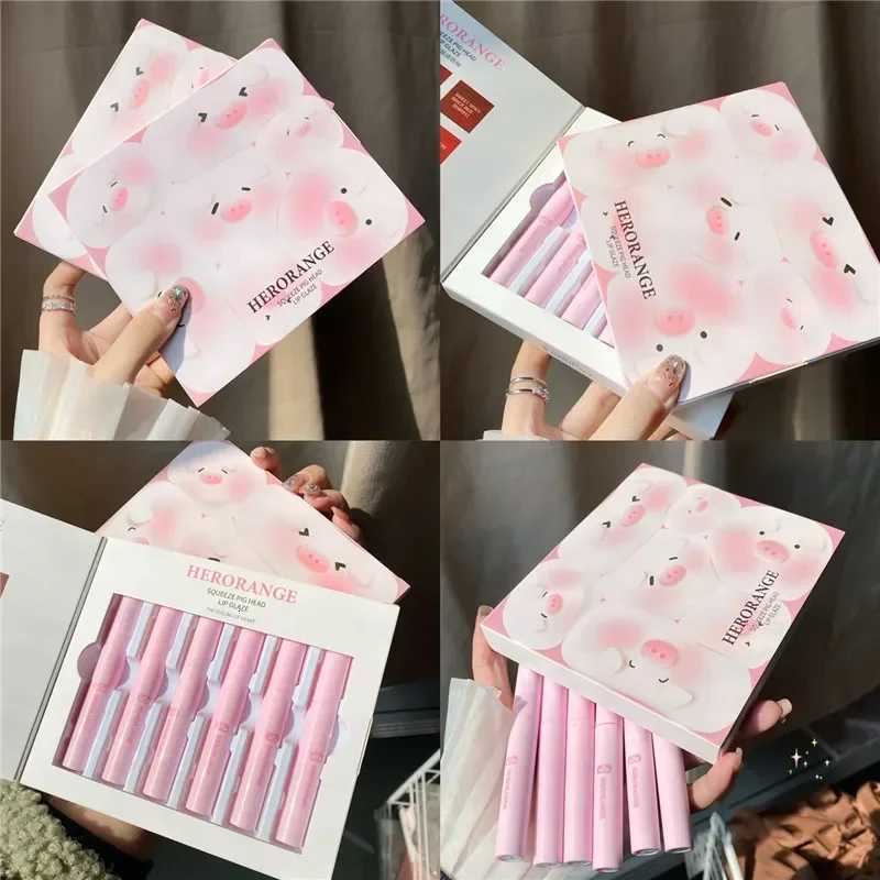 6Pcs Cute Pig Head Lipstick Set Matte Velvet Mist Lip Glaze Waterproof Long Lasting Makeup Not Easy To Fade Lip Gloss CosmeticsT251110