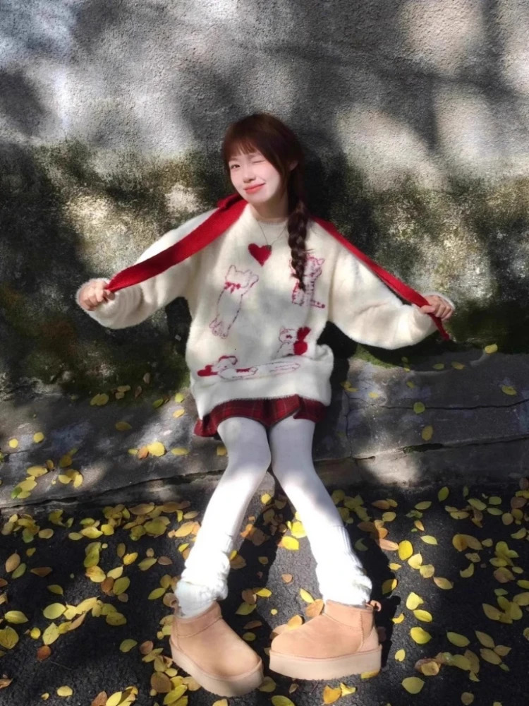 Preppy Style Pullovers Cartoon Jacquard n Aesthetics Sweet Cute Autumn Winter Sweaters for Women Fashion All Match Clothing 251105