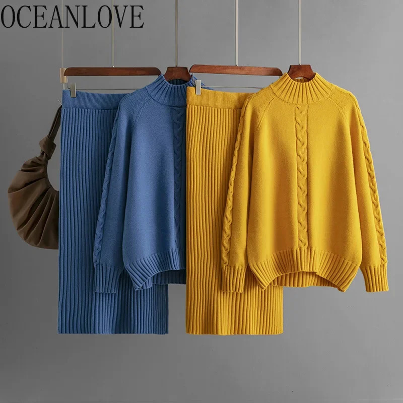 OCEANLOVE Knitted Skirts Set Autumn Winter Solid Warm Half High Collar 2 Pieces Sets Women Outfits Fashion Conjuntos Feminino 251110